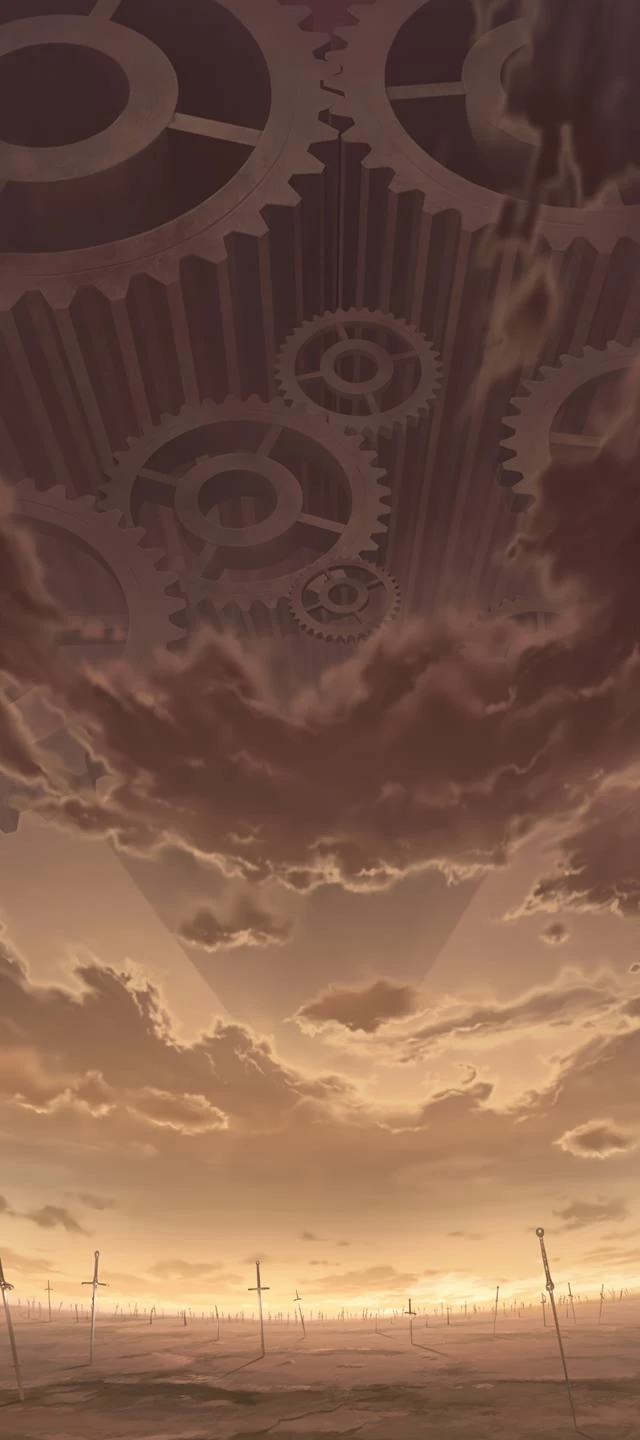 a plain of swords beneath a sky of turning gears